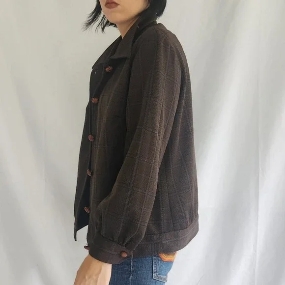 70s Home Made Brown and Blue Plaid Shacket - Picture 2 of 3